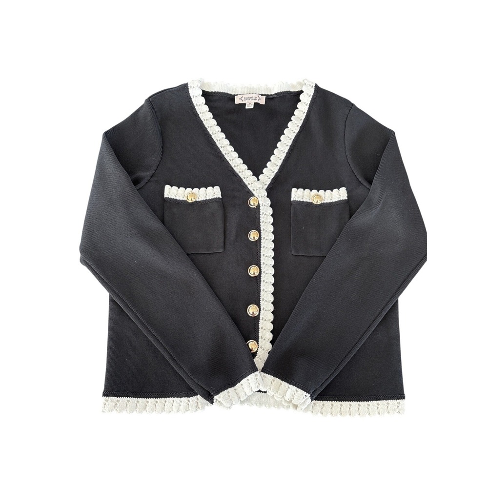 Nanette Lepore Sweater Black W/ White Crochet Vintage Old Money Aesthetic Dainty